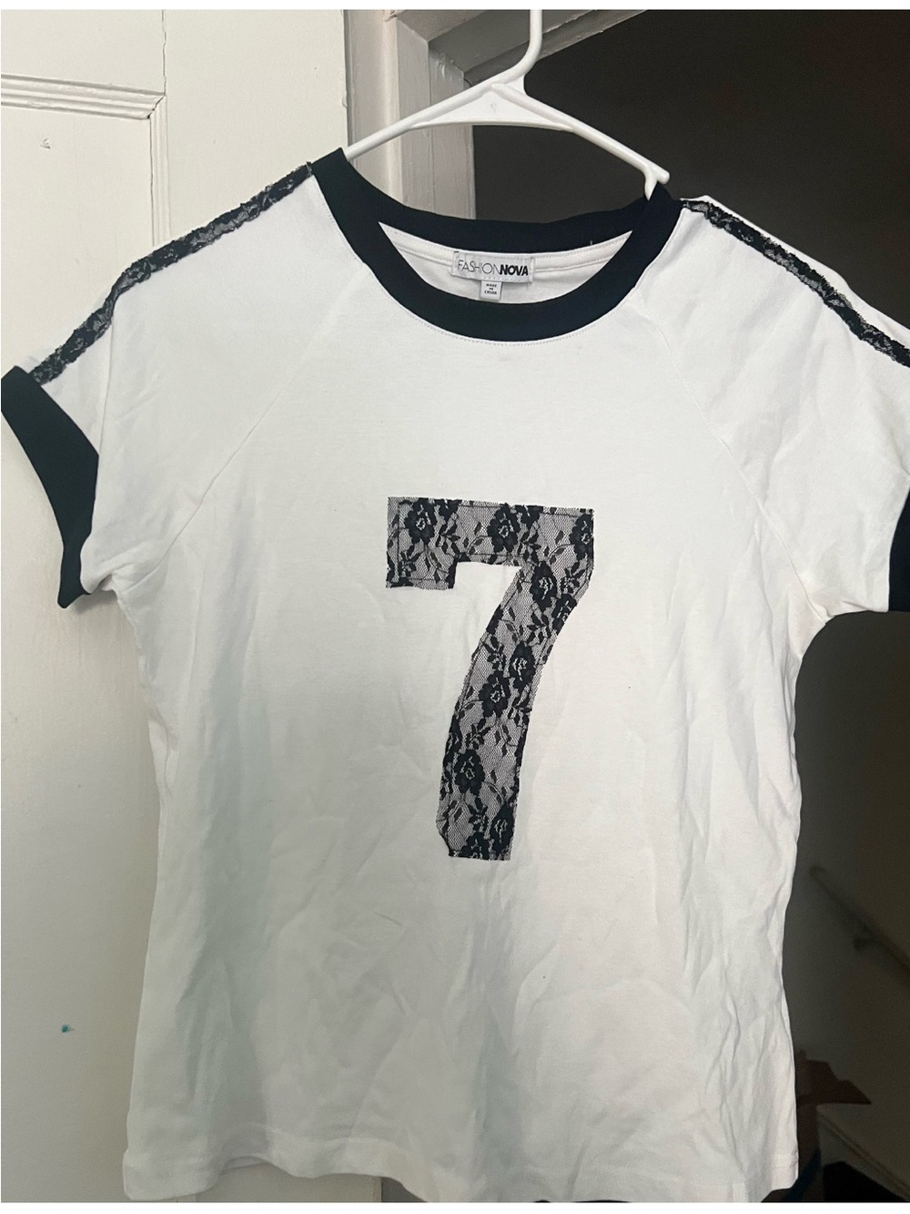 🌷3/30 Fashion Nova White Short Sleeve Tee with Black Lace Number 7
